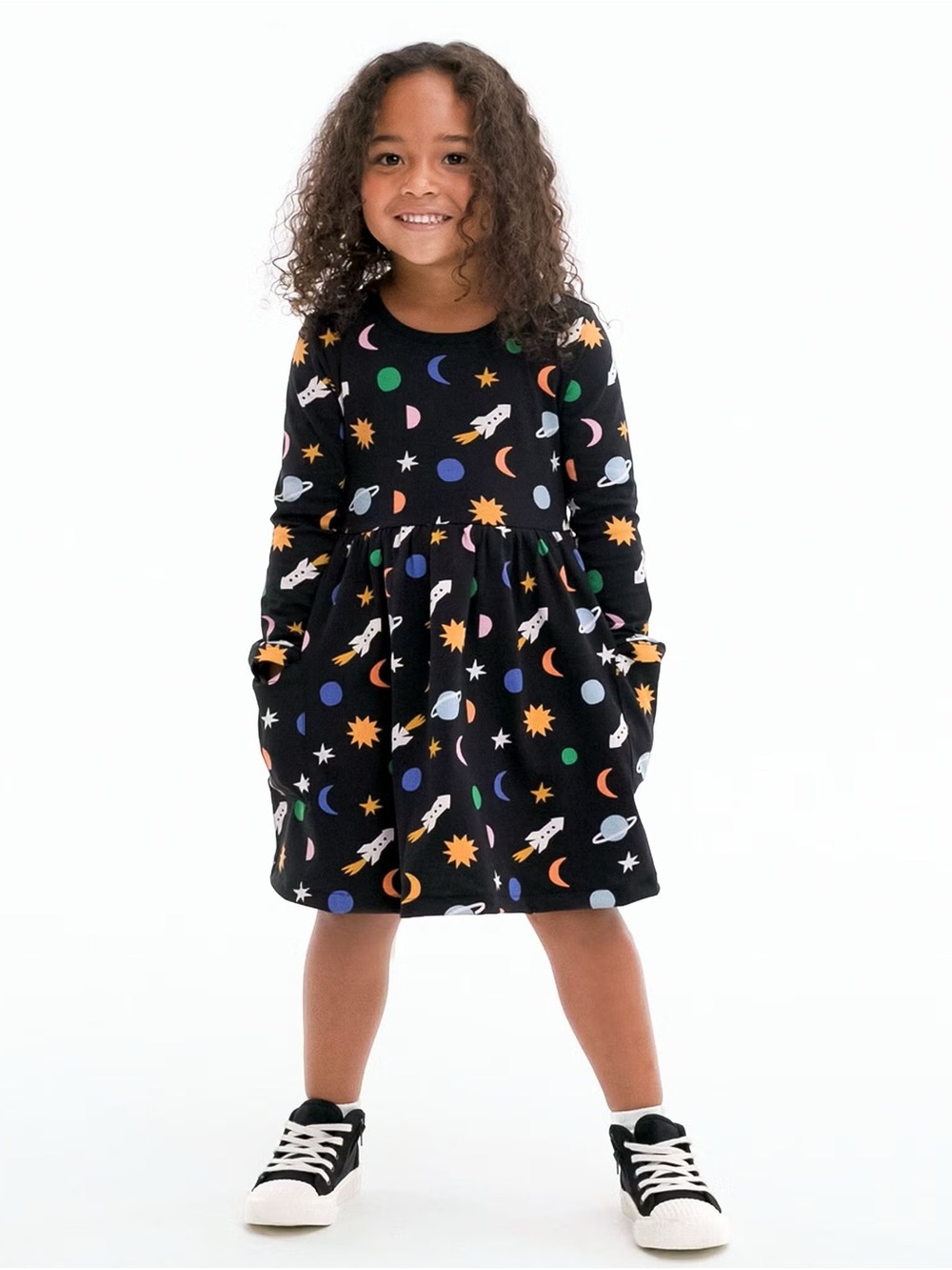 Hanna Andersson Long Sleeve Playground Dress Pockets 5T Outer Space Astronaut